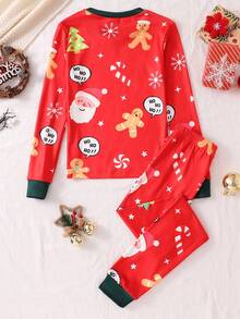 2pcs/Set Girls' Green Gingerbread Christmas Color Soft Fleece Elastic Long Sleeve Top And Pants Homewear Set Snug Fit - Red - View 2