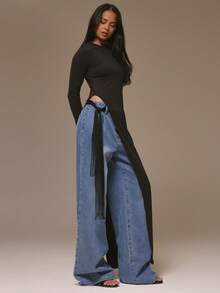 MUSERA 修身长袖超长不对称下摆上衣，酷女孩风，街头风，可爱，适合冬季节日、假期、春夏穿着 - 黑色 - 查看 2