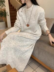 DAZY 女士休闲宽松圆领长袖混纺连衣裙 - 米色 - 查看 5