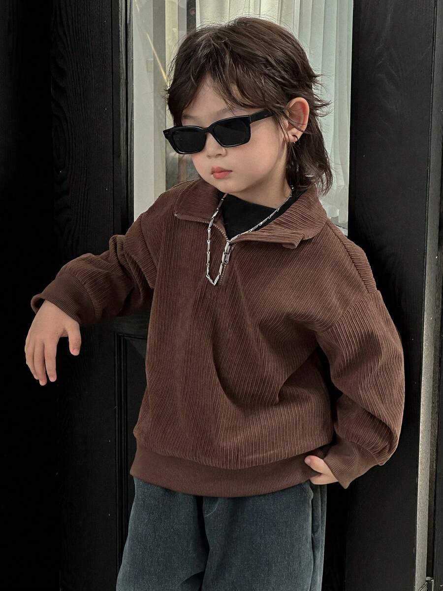 Dazy Kids 幼儿男童宽松豹纹领运动衫，休闲秋季 - 棕色 - 查看 1