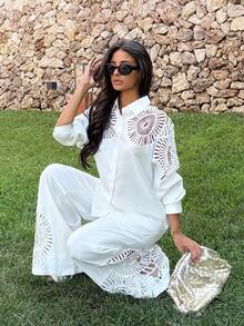 Ronhire Women's Solid Color Patchwork Lace Loose Shirt And Wide Leg Pants Set, Spring/Summer/Autumn - White - View 4