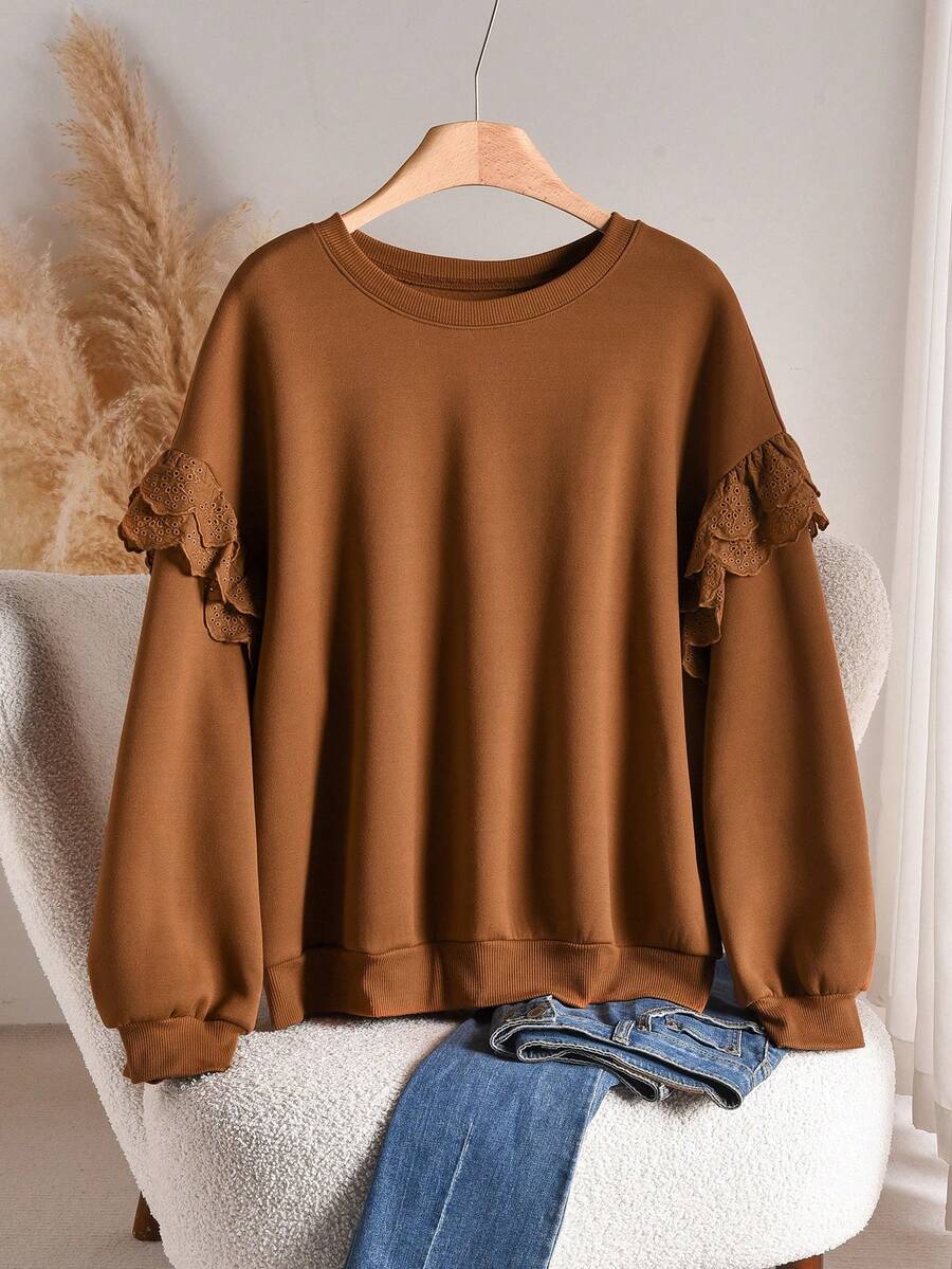 CosyJoli Sweat-shirt décontracté à volants pour femmes grandes tailles, automne/hiver - Marron - Voir 1