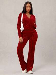 Radiana 女士性感休闲灰蓝色经典修身丝绒两件套：拉链连帽卫衣+阔腿裤，舒适柔软，适合休闲、运动、居家或外出穿着。 - 紅色 - 查看 5