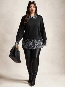 Zelara 大码女式豹纹撞色衬衫领两件套上衣，感恩节女装，新年女装，冬季连衣裙，冬季服装，女士锐舞派对服装，优雅大码上衣/曲线身材女式上衣/情人节/优雅女式衬衫/女士节日服装/生日连衣裙/返校连衣裙/大码正式连衣裙/下午茶派对上衣，豹纹拼接长袖上衣，大码二合一上衣，女士秋季服装，冬季，秋季，万圣节，圣诞节，新年，感恩节，派对服装。新年女装，新年服装，圣诞节女装，时尚女式衬衫，优雅女式衬衫，豹纹上衣 - 黑色 - 查看 5