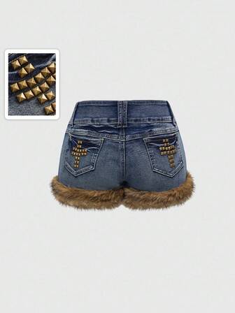 Grunge Punk Y2K sexy vintage verwaschene DamenDenim-Short mit tiefer Taille, Kreuz-Nieten und Kunstfell-Patchwork