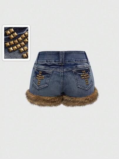 Grunge Punk Short en jean sexy vintage délavé à taille basse pour femmes avec clous en croix et patchwork de fausse fourrure