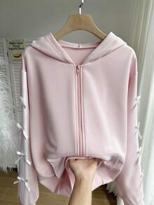 Comfortcana Plus Size Color Block Bow Decor Hooded Zip-Up Long Sleeve Sweatshirt/Winter - Pink - View 4