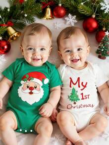 SHEIN Playful Pals Set de 2 bodys de manga corta con estampado de Papá Noel y árbol de Navidad, apropiado para verano, Navidad y fiestas, para bebé niño