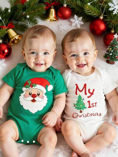 SHEIN Playful Pals 2件套男婴休闲可爱圣诞老人和圣诞树印花短袖连体衣，适合夏季、圣诞节、派对穿着