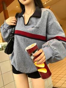 DAZY Áo nỉ dài tay in họa tiết sọc tương phản lót nhiệt cổ bẻ phong cách đường phố thường ngày cho nữ, mùa thu/đông - Xám - Xem 6