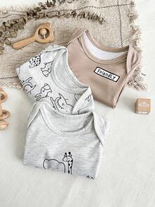 SHEIN 3件套男婴秋季新款柔软舒适面料可爱动物印花长袖连体衣套装 - 彩色 - 查看 4