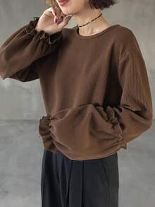FRIFUL 女士纯色圆领落肩长袖罗纹宽松休闲T恤 - 棕色 - 查看 5