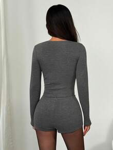 SHEIN PETITE 女款純色長袖上衣與迷你裙套裝 短款兩件式 深灰色 鏤空網紗 緊身衣 小碼居家休閒 秋季休閒性感 - 灰色 - 查看 2