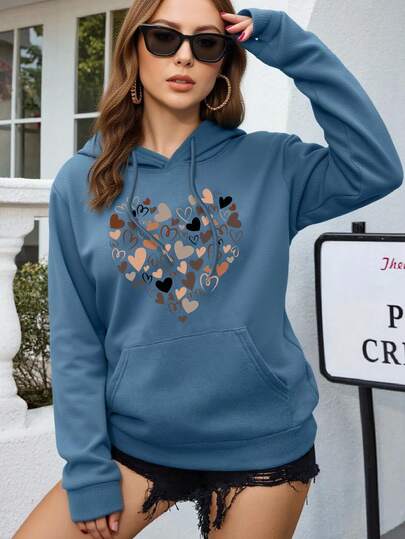Almamuse 女士加大码休闲套头卫衣，秋冬季，返校季，图案设计，蓝灰色，时尚百搭，户外/假日穿着，爱心印花，彩色爱心，女士长袖加大码卫衣