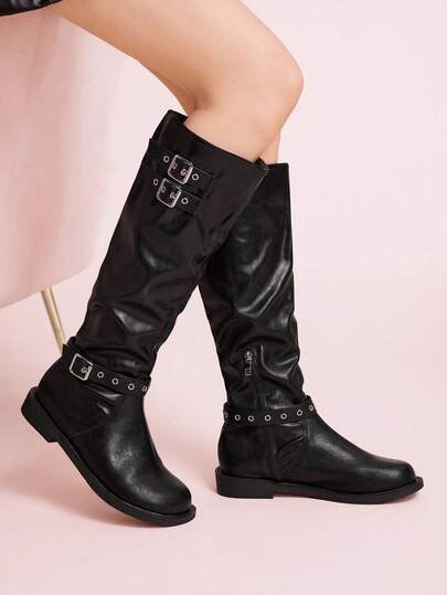 CUCCOO DOLLMOD 女士圆头金属扣中筒靴，经典黑色