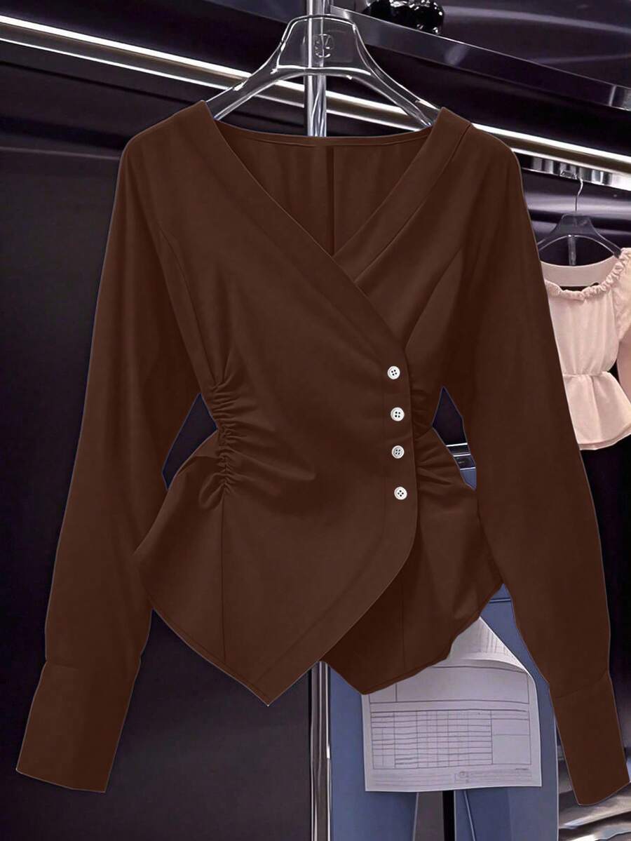 Franclia Áo sơ mi nữ cạp chun màu trơn thanh lịch đi làm - màu nâu - Xem 1