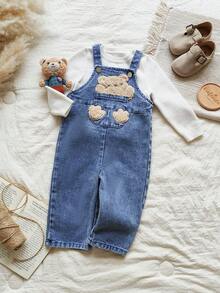 Vintaside Kids Infant Boys' Denim-Like Fabric Romper With Bear Animal Plush Pattern, Countryside Style, Suitable For Spring, Autumn, Winter, Fashionable, Casual, Cute, Versatile Outdoor Wear