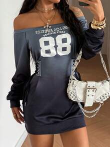 StreetHx 女士千禧年风格Y2K休闲街头服饰，露肩系带印花连衣裙 - 黑與白 - 查看 1