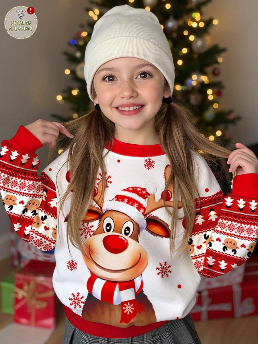 Tween女孩休閒極簡聖誕可愛趣味卡通馴鹿費爾島圖案紅色節慶寬鬆圓領舒適長袖衛衣,適合秋冬,女孩聖誕毛衣冬季套裝,可機洗聖誕睡衣,適合女孩與男孩,女孩聖誕衛衣冬季Tween套裝 - 彩色 - 查看 1