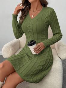 SHEIN LUNE V-Neck Waist Gathered A-Line Dress, Textured Knit Casual Commuter Elegant Dress For Women, Autumn/Winter - Army Green - View 4
