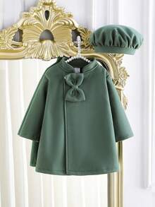SHEIN Elladie kids 女婴优雅简约蝴蝶结外套和帽子套装，秋冬款 - 綠色 - 查看 3