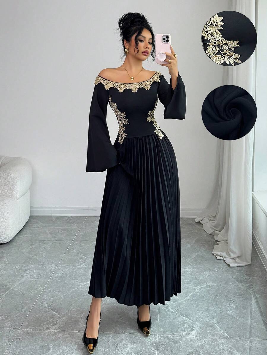 Elenzga Vestido de mujer con diseño elegante, de moda, cómodo y casual, con encanto retro y romántico para vacaciones, de manga larga, hombros descubiertos, cintura ceñida, falda plisada, unicolor, patchwork, decoración de encaje floral dorado - Negro - Ver 1