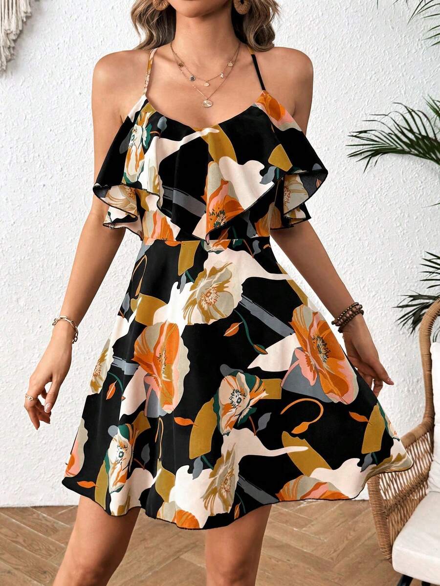 SHEIN VCAY Summer Casual & Vacation Floral Print Ruffle Hem & Trimmed Spaghetti Strap Dress - Yellow - View 1