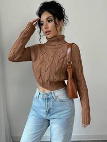 Elenzga Women's Casual Solid Color Cable Knit Turtleneck Sweater, Autumn/Winter - Coffee Brown - View 6