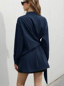 Aveloria Modichic 经典纯色法式奢华优雅不对称系带长袖衬衫，修身显瘦高端休闲百搭上衣，适合所有季节 - 藏蓝色 - 查看 2