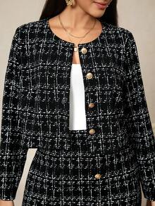 Zelara Conjunto de 2 piezas elegante de falda a cuadros con diseño de botones y chaqueta de manga larga para mujer de talla grande - Negro - Ver 4