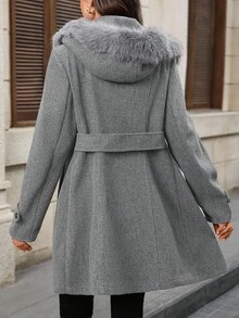 EMERY ROSE Women's Fashionable Double-Breasted Hooded Overcoat, Light Gray - Light Grey - View 7