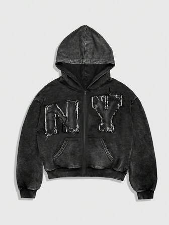 Street Life Men's Punk Casual Washed Letter Applique Hoodie