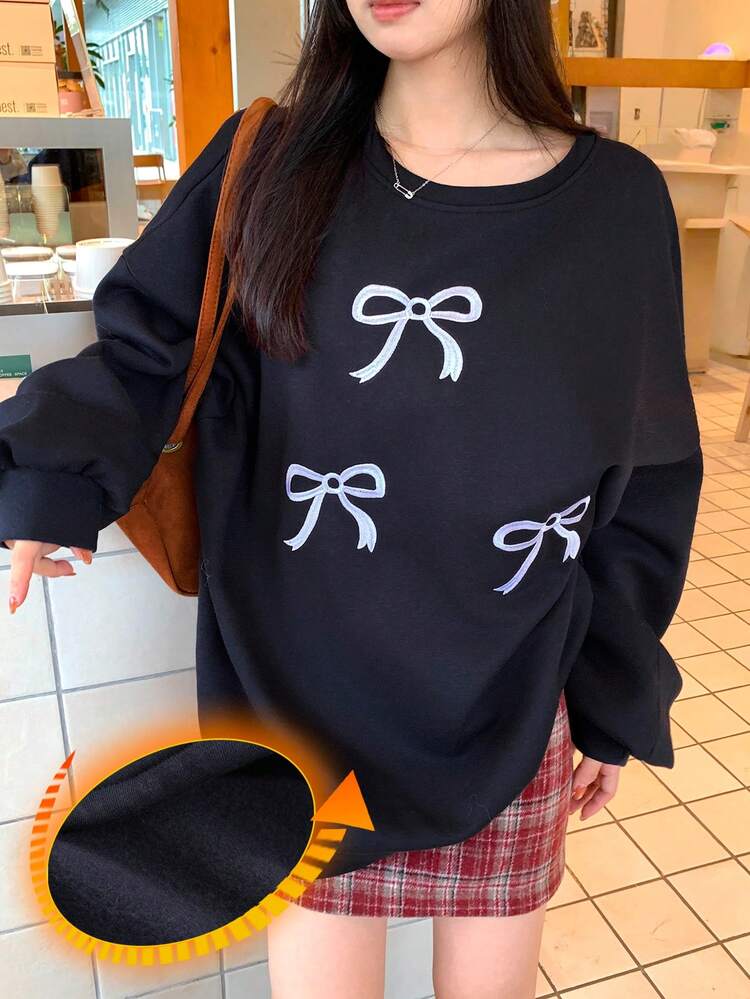 Women's Loose Fit Crew Neck Pullover Sweatshirt With Bow Print And Thermal Lining, Casual For Autumn/Winter