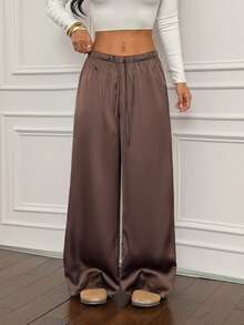 SHEIN PETITE 女式低腰休闲复古缎面百搭棕色麻灰色长裙