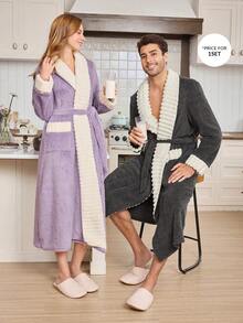 SHEIN Contrast Color Patchwork Cozy Shawl Collar Pocket Design Men's Fluffy Winter Robe - Dark Grey - View 1