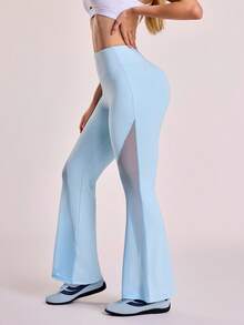 Sovereign Charm Pantaloni sport de yoga cu design evazat din plasă, model patchwork, pentru femei - Albastru - Vizualizare 4