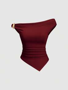 Sweetra Women's Summer European And American Fashion Solid Color 3-Piece Set, Metal Decor Twist Hem Asymmetric Hem Fitted Casual Commuter Versatile T-Shirt