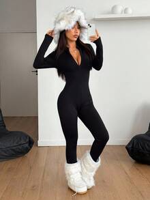 SHEIN PETITE Bộ đồ liền thân lót nhiệt tay dài, cổ đứng, màu trơn, khóa kéo phía trước dành cho nữ, dáng ôm, thu/đông, nhỏ nhắn - màu đen - Xem 3