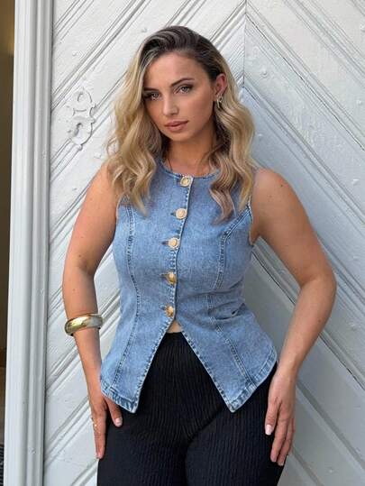 Jeta Ari Blusa de mezclilla sin mangas con botones delanteros, estilo casual para mujer