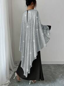 Elenzga Đầm suông dài tay màu trơn đính sequin có thể tháo rời cho nữ mùa thu thanh lịch - màu đen - Xem 2
