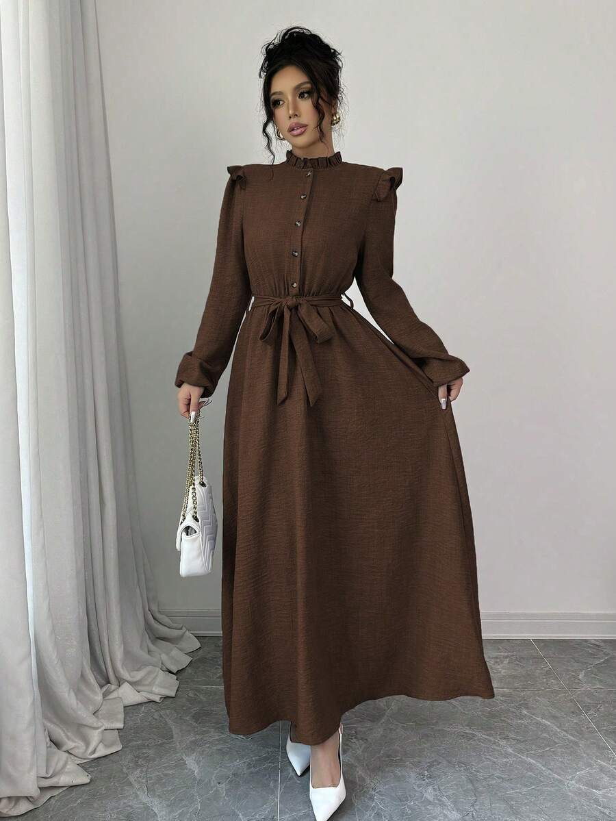 Elenzga 女士纯色荷叶边前襟纽扣长袖休闲长款收腰连衣裙，及地长裙，女装 - 鏽棕色 - 查看 1