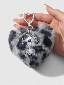 ROMWE Kawaii 1 Stück Y2K Retro Chic Punk High-End grau Kunstfell Tierdruck Nieten 3D Herz Kristall Cut Out Kreuz DIY Schlüsselanhänger Taschenbaumler, geeignet für Frauen, Alltagstragen, Urlaubsgeschenk - Grau-31 - Übersicht 8