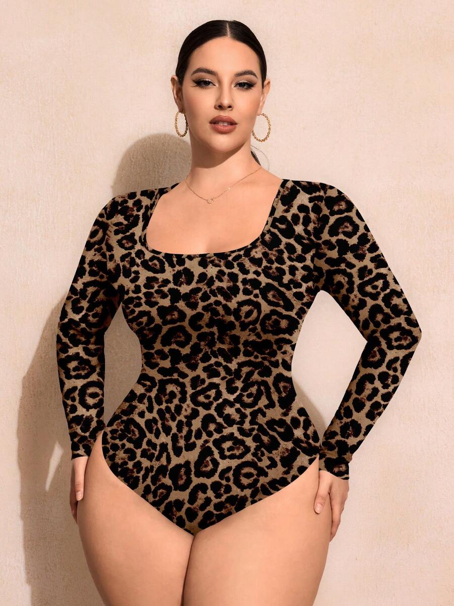 SHEIN SXY 大码豹纹圆领连体衣，休闲复古性感修身款 - 彩色 - 查看 1