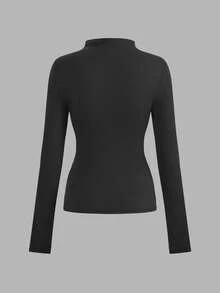 SHEIN LUNE 3pcs/Set Casual Solid Color Minimalist Tight Fit Base Layer Ribbed Ribbed Brushed T-Shirts, Autumn/Winter Mock Neck Top 3 Packs Tops - Multicolor - View 10