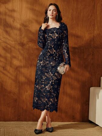 Anewsta Europäischer Stil Neues Herbst/Winter Hochwertig Vintage Spitze Hohlmuster Eleganter Kragen Figurbetontes Midi-Kleid für festliche Anlässe