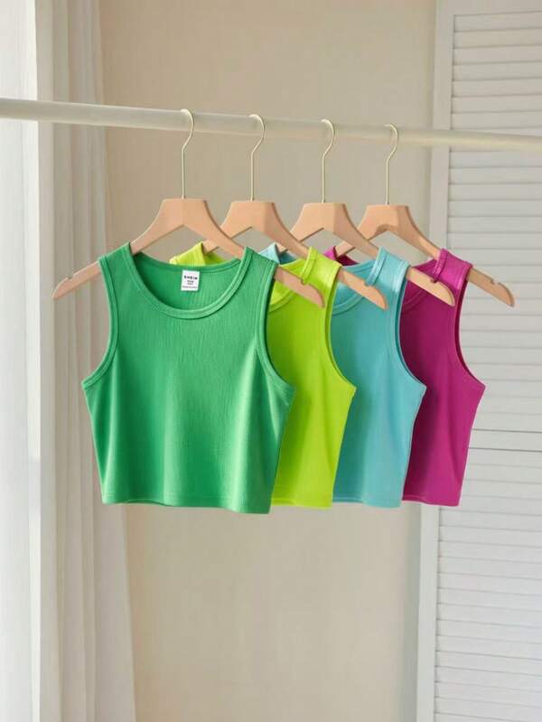 Tween Girls  4pcs Solid Ribbed Knit Tank Top, School, Campus, College Summer Holiday