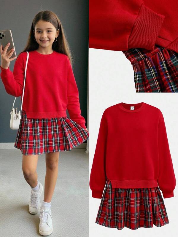 Firerie Kids Vestido de sudadera con parches y falda a cuadros rojo para niñas preadolescentes, moda retro versátil y casual para uso diario, adecuado para Navidad, Año Nuevo, fiestas navideñas, regalo de Navidad, combinación familiar/de hermanas