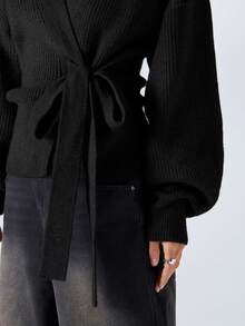 LYSMO 2025新款极简秋季女装休闲日常通勤简约黑色落肩宽松侧结开衫秋冬裹身上衣女毛衣毛衣上衣黑色上衣前系带上衣 - 黑色 - 查看 6