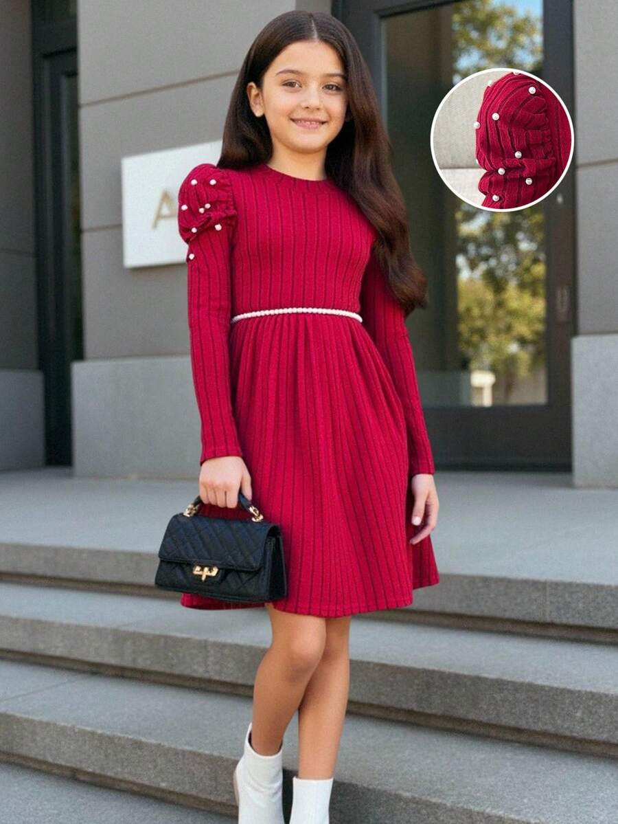 SHEIN Tween Girls Pearl Knit Ribbed Waist Dress With Puff Sleeves, Cute & Elegant Holiday Dress - Burgundy - View 1