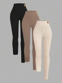 SHEIN EZwear 3件套女士纯色保暖打底裤，秋冬季 - 彩色 - 查看 3